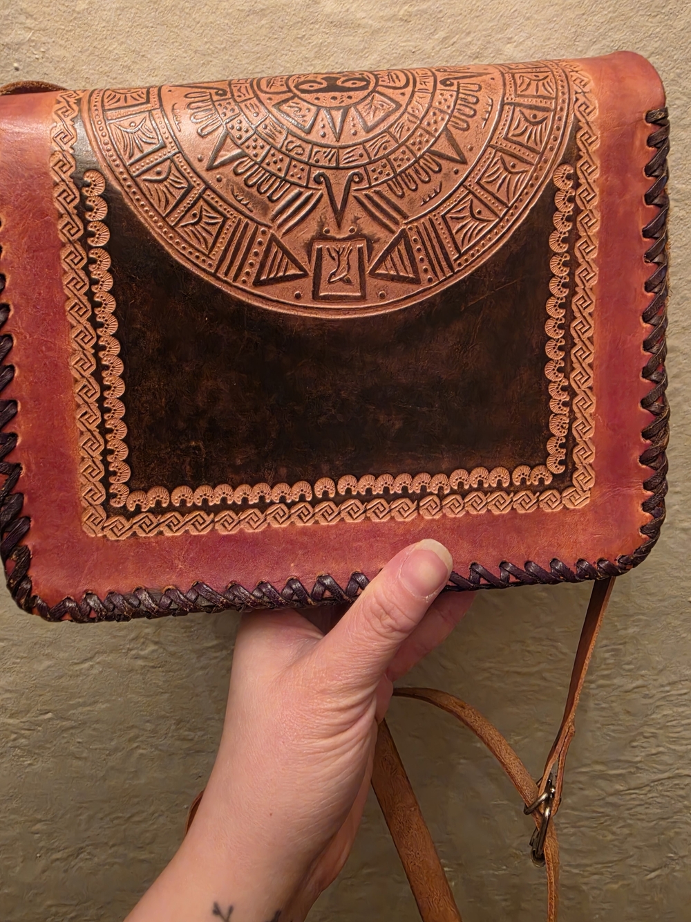Vintage Hand Tooled Leather Aztec Calendar Crossbody Boho Purse - Picture 8 of 11